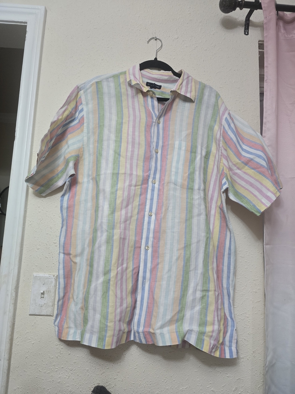 100% Linen  Casual Multicolor Striped Short-Sleeve Shirt